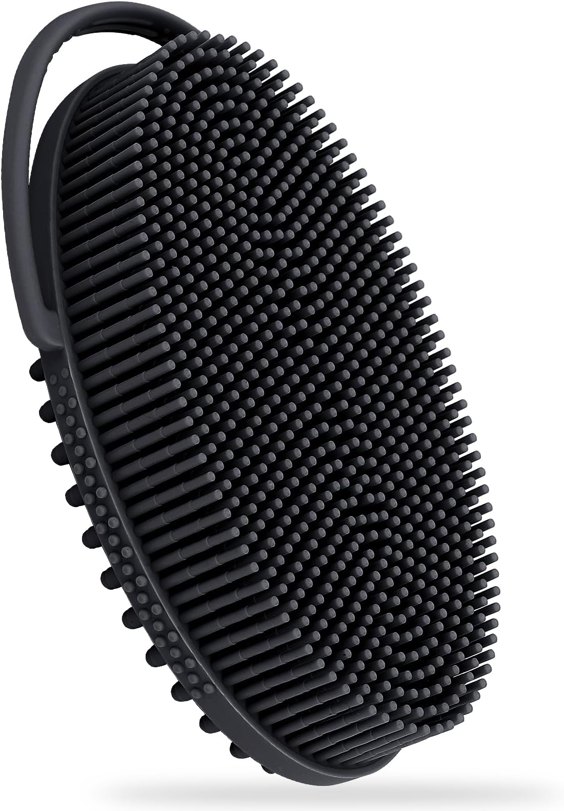 FREATECH Silicone Body Scrubber with Loop Handle, Gentle Exfoliating Body Cleansing Brush for Use in the Shower or Bath, More Hygienic Than Loofah, Easy to Clean, Long-Lasting, Black