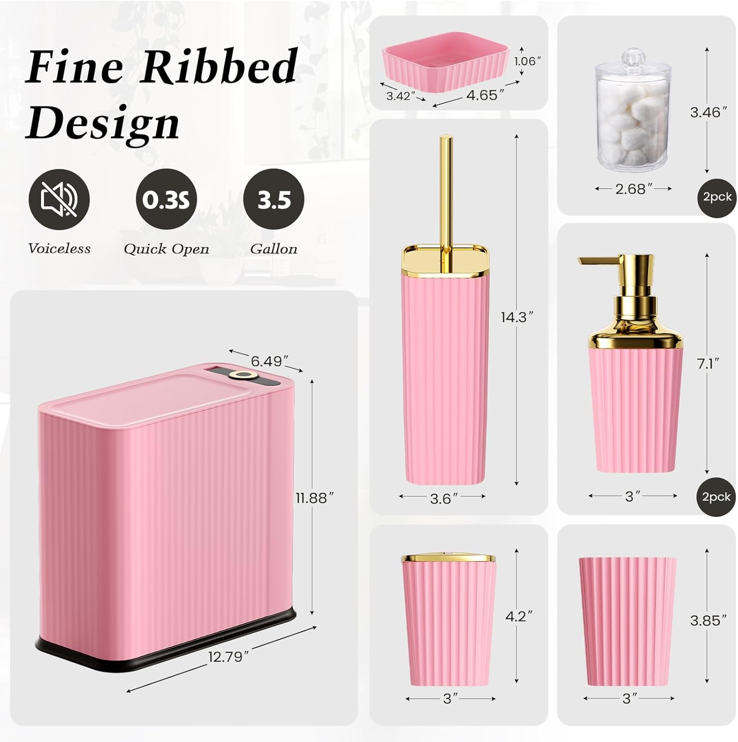 XLHOMO 9-Piece Pink Bathroom Accessories Set - Cute & Functional Set with Slim Trash Can, Soap Dish & Jars - Ideal Gift for Girls, Dorm Room & Modern Vanity Decor