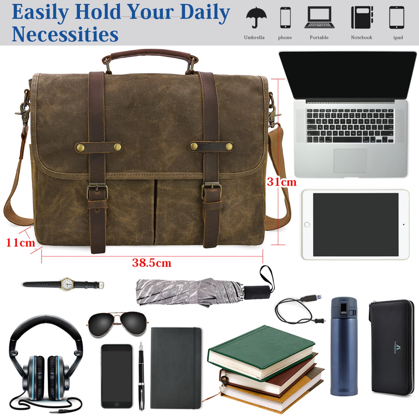 Bandolera para hombre de lona y piel de 15.6 pulgadas para laptop