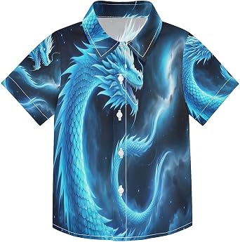 Boys Button Down Shirts Blue Dragon Space Short Sleeve Kids Casual Hawaiian Shirt 3-10T