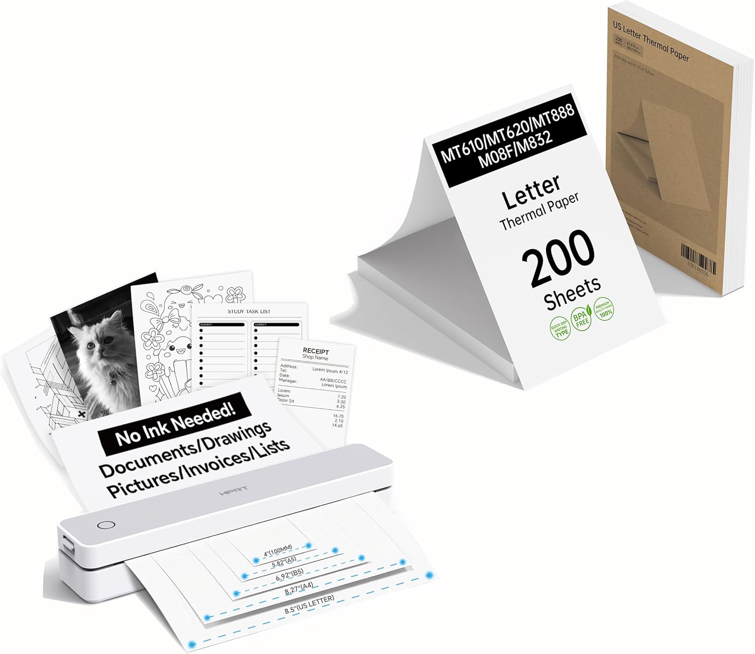 HPRT MT610 Portable Thermal Printer - Inkless Printer, Supports Regular Paper & Labels, Bluetooth & Auto Paper Feed, Supports iOS/Android/Laptop for Home/School/Travel White- 210 Sheets Thermal Paper