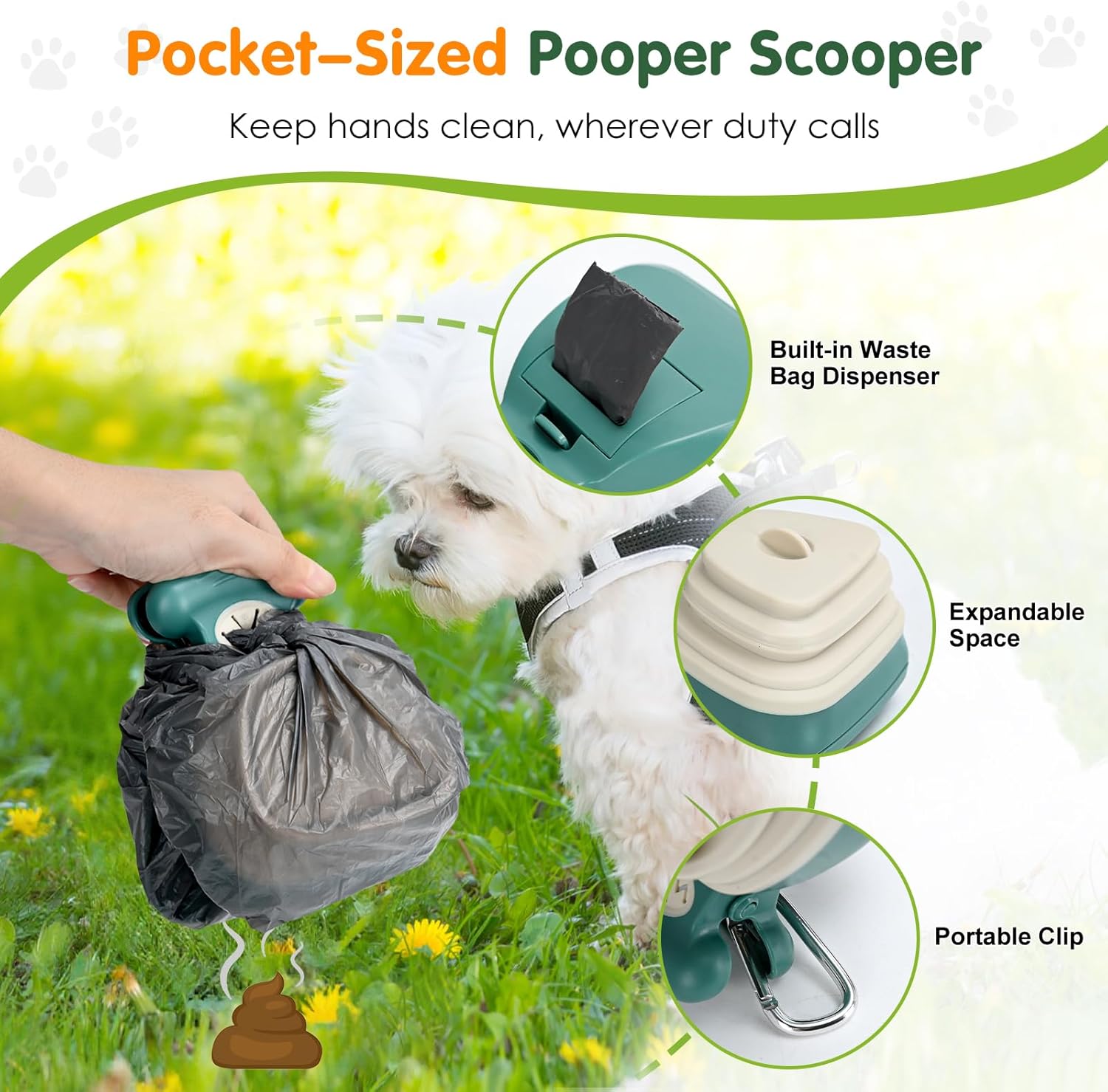 lychee Heavy Duty Stainless Metal Dog Pooper Scooper Tray and Rake Set for Yard- Portable Pooper Scooper for Small to Medium Dogs, Adjustable Long Handle,Rust-Proof, with Bag Attachment, Leash Clip