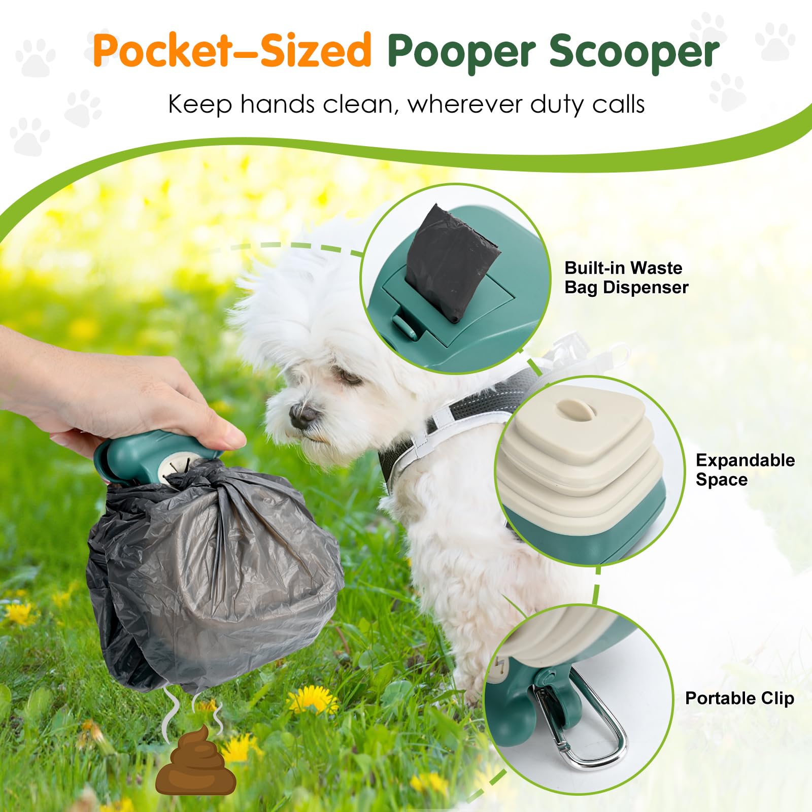 lychee Plateau et râteau en métal inoxydable robuste pour chiens de petite et moyenne taille - Longue poignée réglable - Antirouille - Avec attache pour sac et clip pour laisse