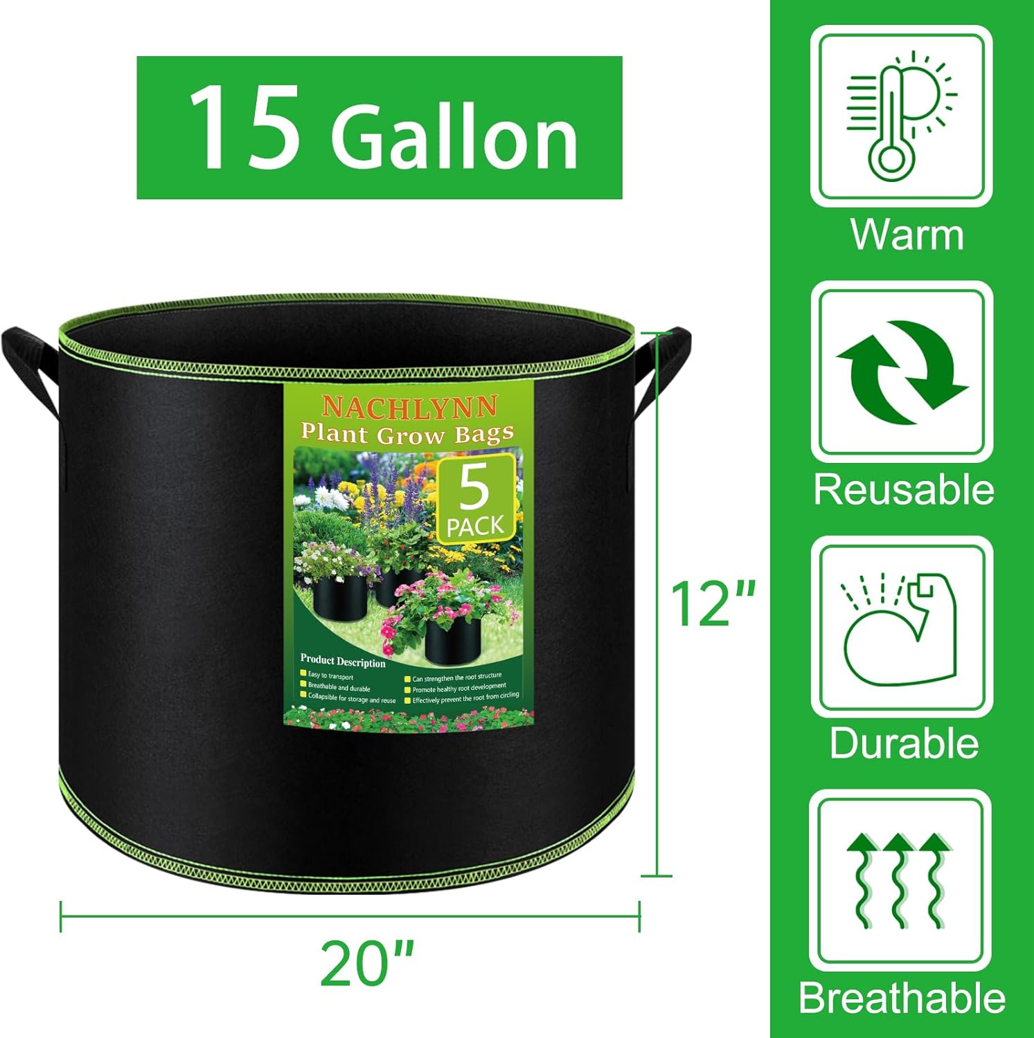 NACHLYNN 5-Pack 15 Gallon Grow Bags Thickened Nonwoven Fabric Pots Heavy Duty Aeration Fabric Pots with Handles Plant for Gardening Fruits Flowers Plant thumbnail