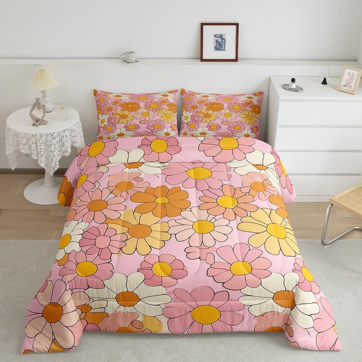 60s 70s Groovy Flower Comforter Set Full,Hippie Funky Flower Quilt for Kids Boys Girls,Rainbow Vintage Floral Bedding Set,Bohemia Cartoon Botanical Florals Down Comforter with 2 Pillowcases