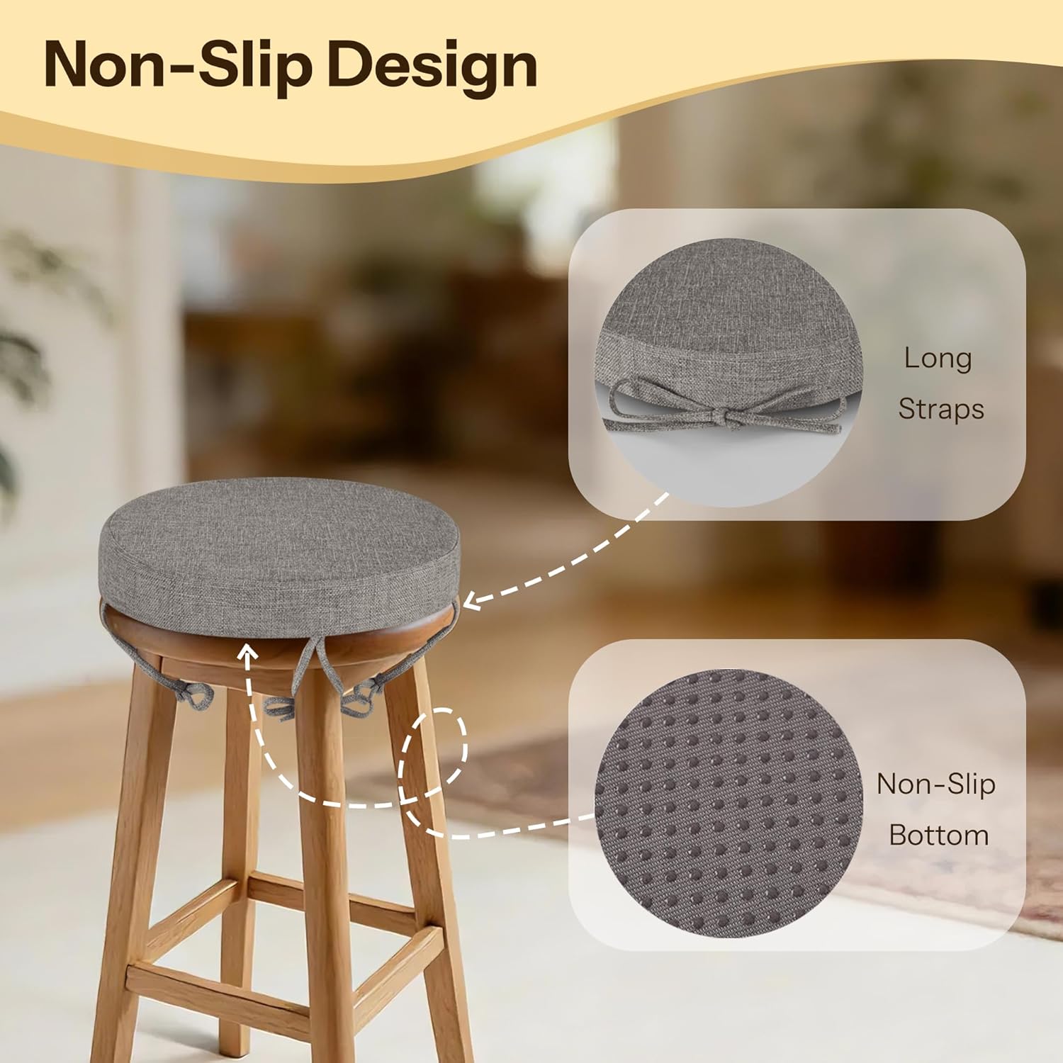 Round Bar Stool Cushions Set of 4 Non-Slip Round Stool Chair Cushions with Washable Covers and Ties High Density Bistro Seat Pads for Wooden and Metal Chairs 12" x 12" x 2" (Light Grey)