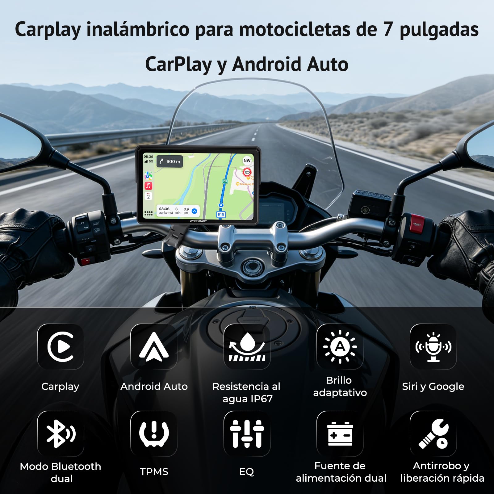 W722TPMS Pantalla CarPlay Moto 7 Pulgadas con CarPlay y Android Auto Inalámbrico,TPMS,GPS Moto IP67 Impermeable,Audio Bluetooth Dual,Control por Voz, EQ,Sensor de Luz,Alimentación USB/Acc