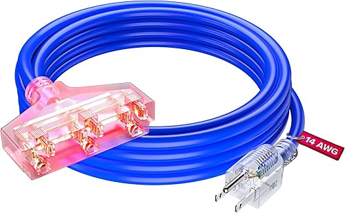 Cable de extensión de 15 pies, cable de extensión para exteriores con múltiples tomas, calibre 14 (azul) certificado ETL