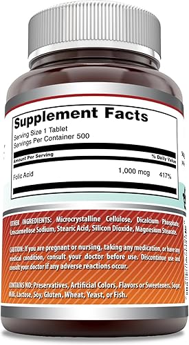 Miniatura 2 de Amazing Formulas Suplemento de ácido fólico de 1000 mcg (1 mg) en tabletas, vitamina B9, sin OMG, sin gluten, fabricado en Estados Unidos (500
