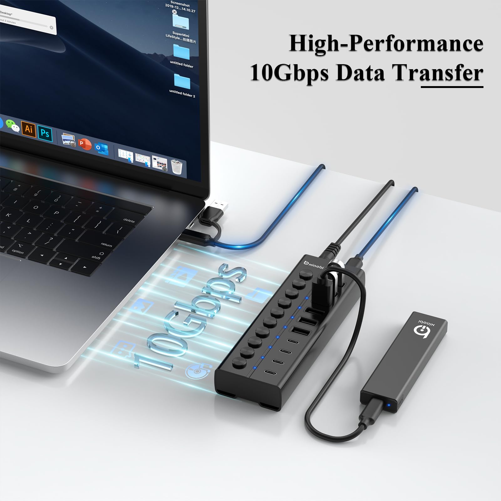 Hub USB alimentato, hub USB C a 10 porte con 6 porte USB-A 3.2, 4 porte USB-C 3.2, interruttori singoli e adattatore di alimentazione 12V/5A, prolunga USB in alluminio per MacBook, laptop/PC e altro