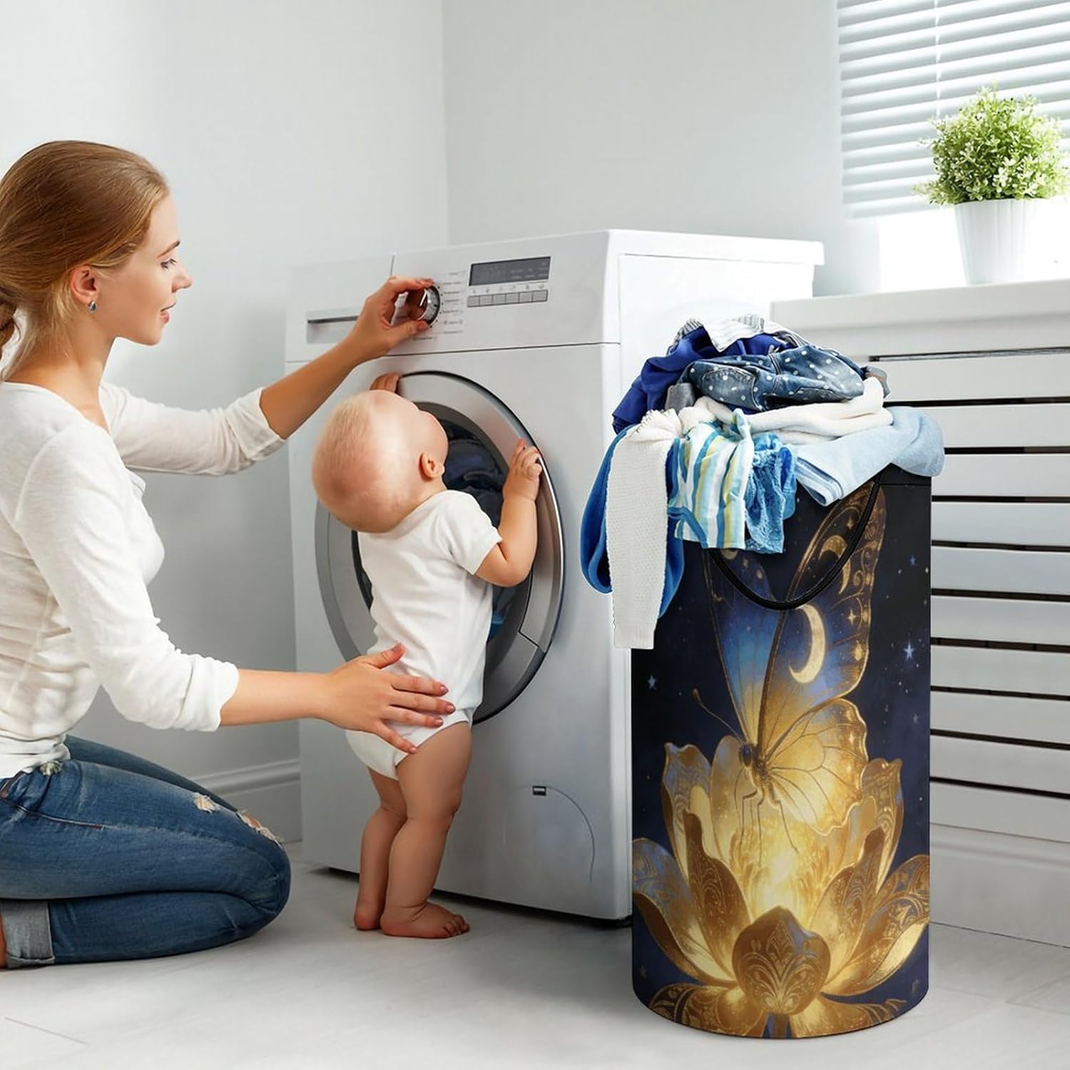 Golden Retro Fantasy Starry Moon Butterfly Laundry Hamper 86L Waterproof Collapsible Clothes Basket with Double Handles Freestanding Foldable Laundry Basket Large Clothes Hamper for Bathroom