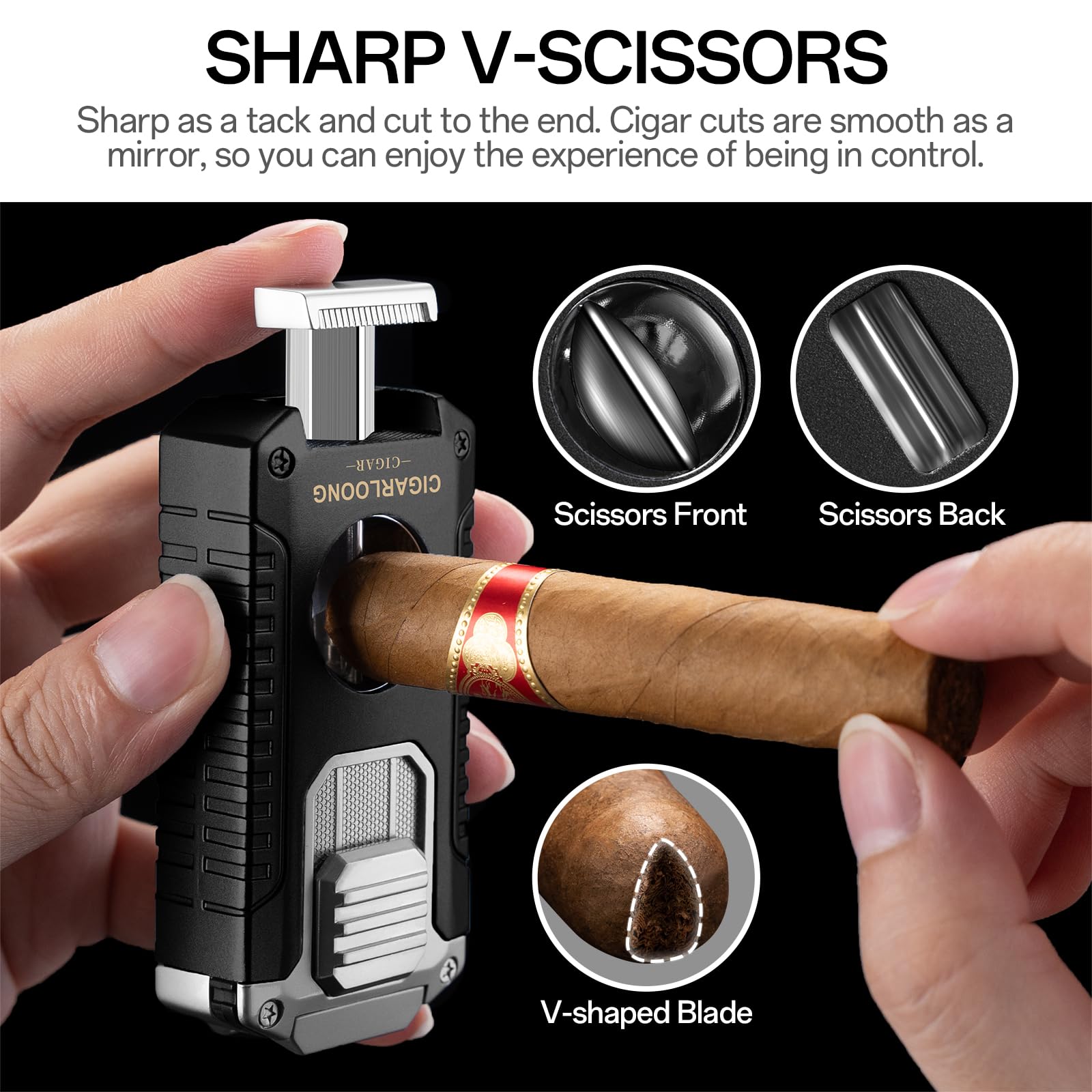 Briquet à Cigare Multifonction 5 en 1 avec Coupe Cigare en V, poinçon, Aiguilles, Porte-Cigare Le Support, Briquet Butane à Triple Jet de Flamme, sans Gaz (Noir)
