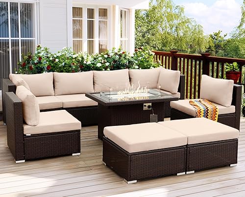 Miniatura 2 de NICESOUL Muebles de patio de gran tamaño de ratán PE para exteriores, juegos de sofá seccional con mesa para fogata, juegos de conversación de