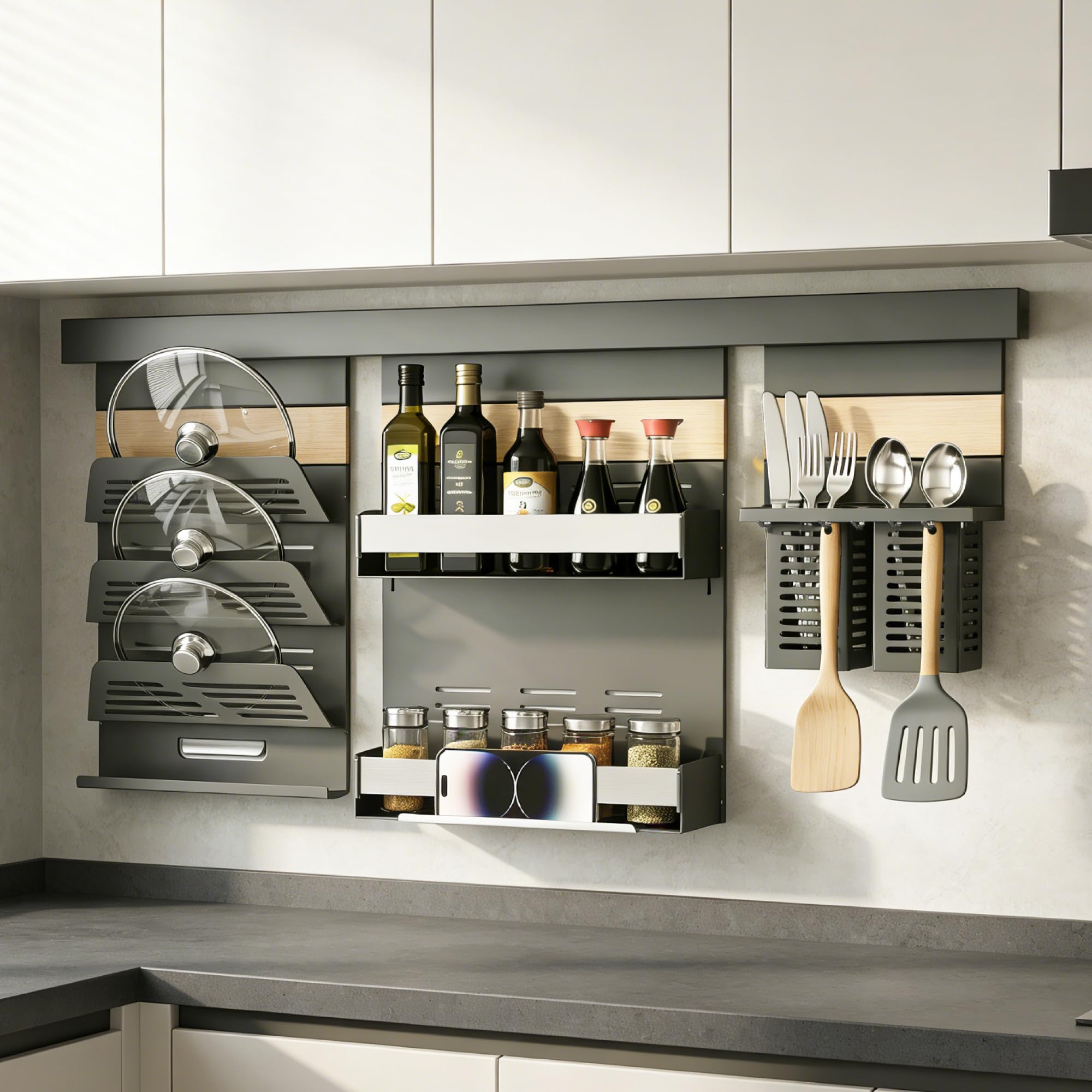 doporro Porta Spezie a Due Ripiani con Supporto per Cellulare, Porta Coperchi a 3 Livelli e Porta Mestoli con 5 Ganci da Cucina, da Appendere con Guide, Grigio, Reglo-09+Reglo-11+Reglo-12
