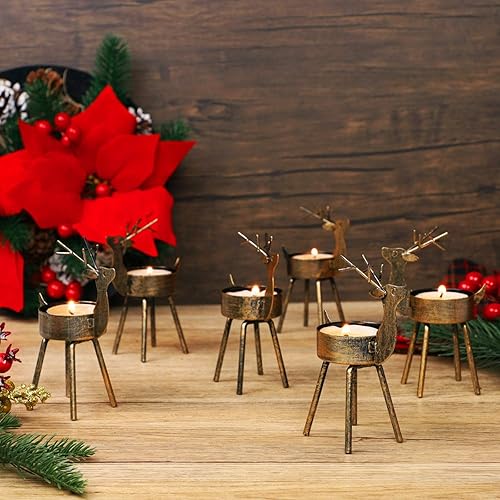 Miniatura 5 de Juegoal Juego de 6 portavelas de reno, juego de 6 decoraciones navideñas de metal de hierro con acabado de bronce rústico, duradero y resistente al