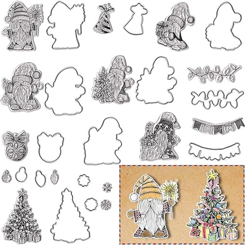 Estivaux Árboles de Navidad, gnomos, sellos transparentes y troqueles para hacer tarjetas, sellos de goma de cascabel de Navidad, gnomos de Navidad,