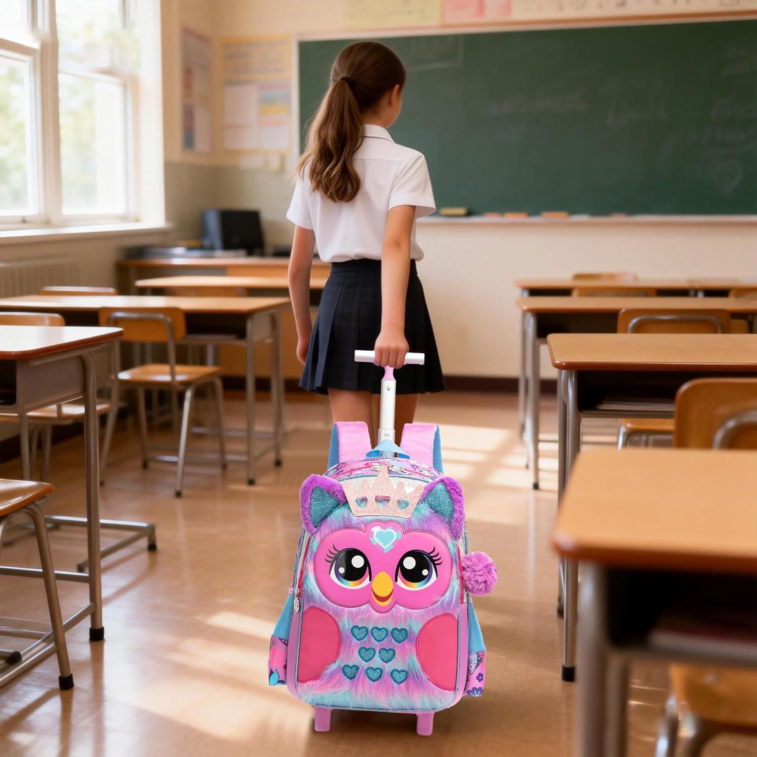 Meetbelify Backpack with Wheels for Girls Rolling Backpack Cute Carry on Backpack Kids Luggage with Lunch Box Pencil Case for Elementary Student
