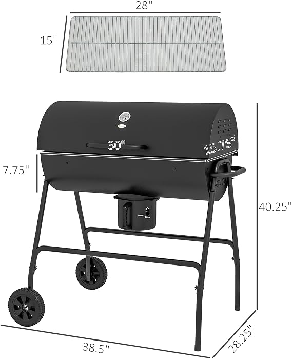 Barrel Charcoal BBQ Grill with 420 sq.in. Cooking Area, Outdoor Barbecue with Wheels, Ash Catcher and Built in Thermometer for Patio Picnic, Backyard Party, Black