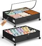 Yecaye 60L Under Bed Storage with Wheels, 2 Pack Under Bed Storage Containers, Underbed Shoe Storage with Clear Window & Label, Rolling Under Bed Metal Drawer for Clothes, Shoes, Books, Grey