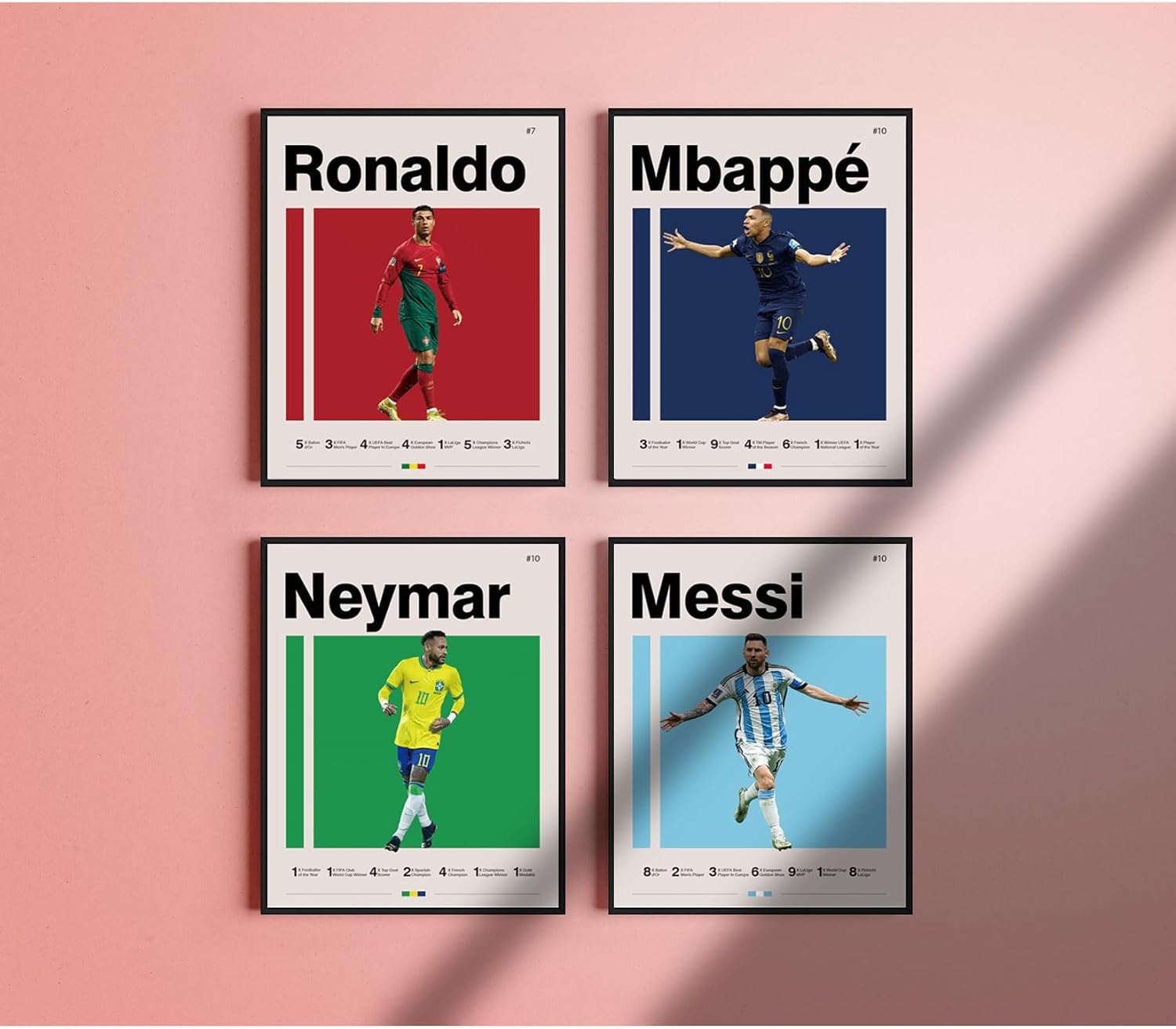 Soccer Posters 8x10 Inch Framed Canvas Prints Set of 4 - Messi, Ronaldo, Mbape And Neymar Famous Football Superstar Poster Sports Decor for Boys Bedroom Wall Art