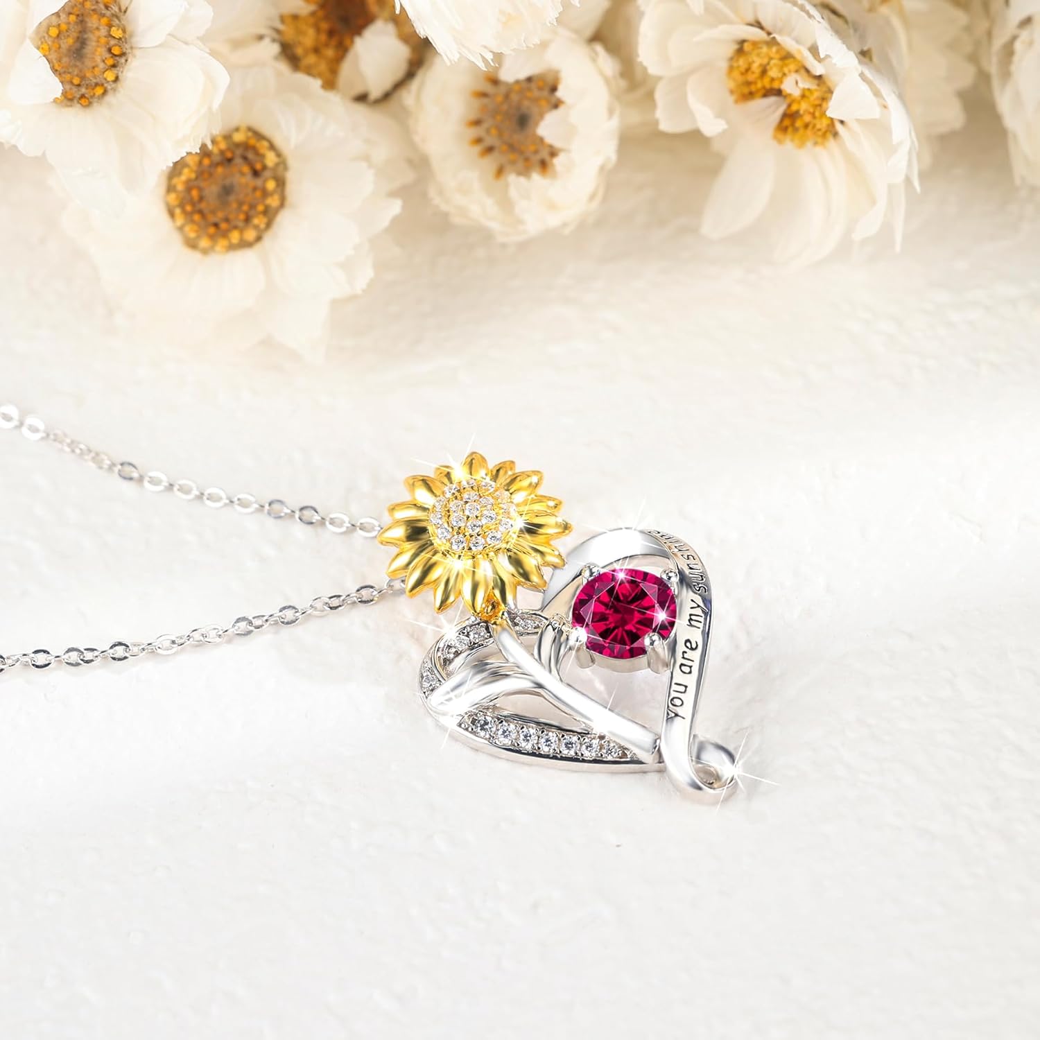 S925 Sterling Silver Jewelry for Women Sunflower Heart Birthstone You Are My Sunshion Necklace Anniversary Women Necklaces for Her Wife Birthday Gift Ideas, Birthday Present for Mom Girlfriend Daughter Valentines Day - Image 2