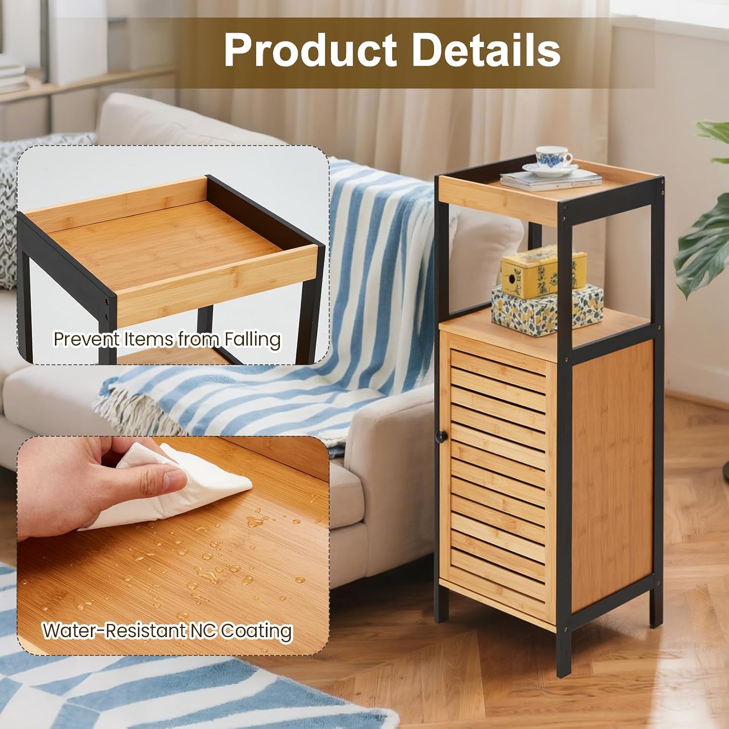 35" Bamboo Bathroom Storage Cabinet with Open Shelf, Solid 3 Tier Freestanding Floor Cabinet with Sliding Door, Waterproof Bamboo Organizer for Bathroom, Kitchen, or Entryway