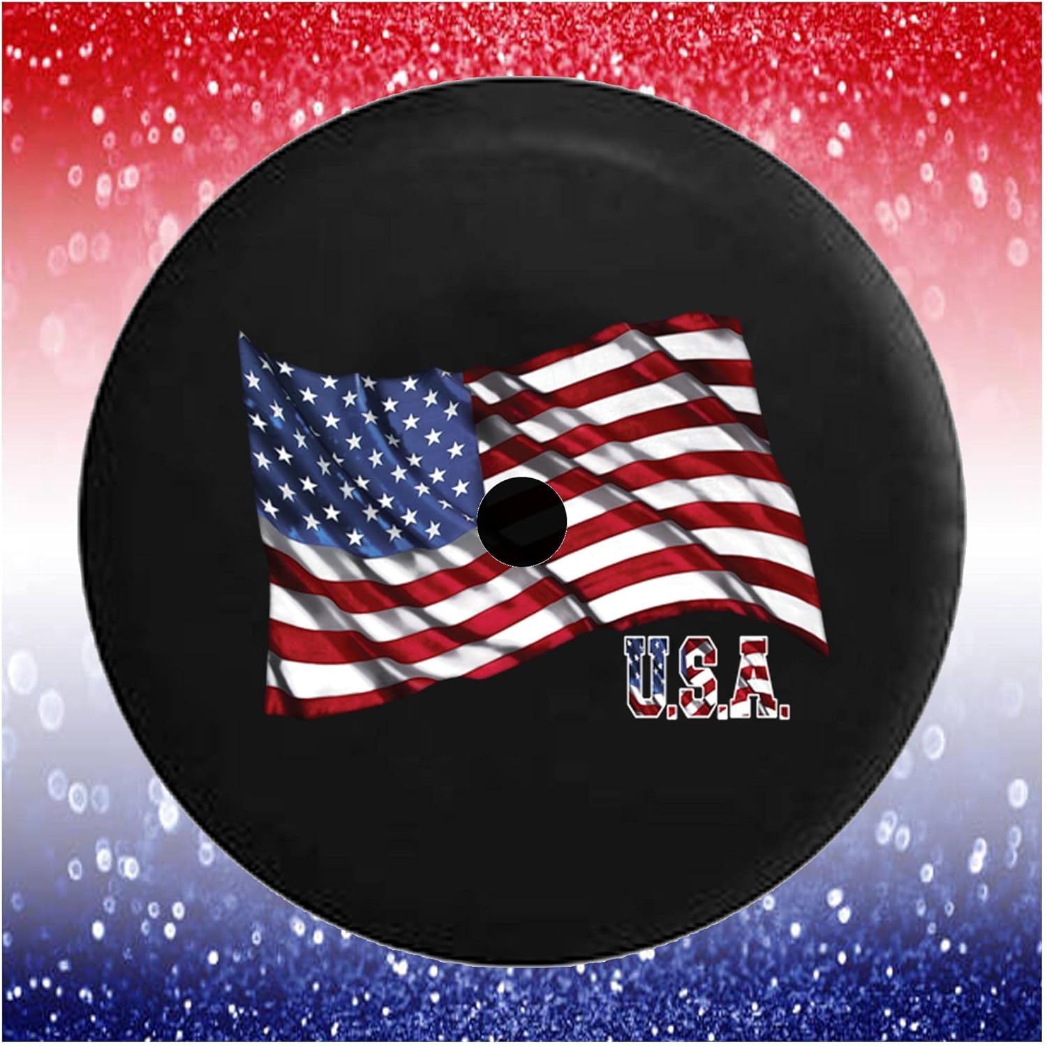 JL Spare Tire Covers Waving United States American Flag USA Car Accessories Black 32 to 33 Inch with Backup Camera Hole