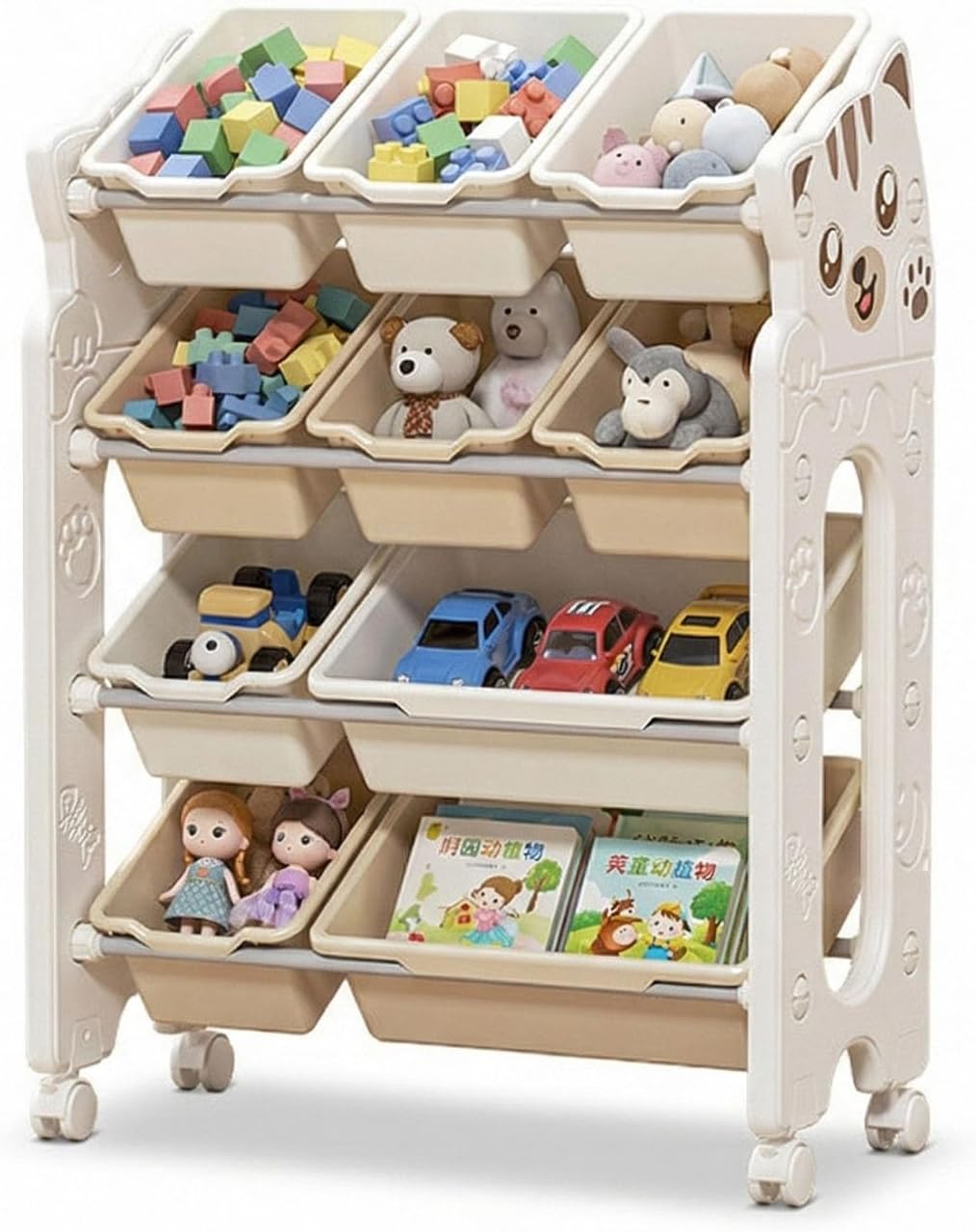 Kids Toy Storage Organizer with Wheels and Removable Bins 4 Tier Toddler Toy Rack Bookshelf Mobile Cart Organizer for Toy, Clothes, Blankets and Books(25.2 * 13 * 34.8in)