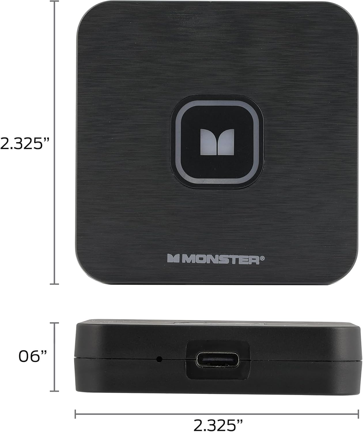 Dimensions of the Monster Wireless CarPlay and Android Auto Adapter, showing it is approximately 2.325 inches by 2.325 inches by 0.6 inches.