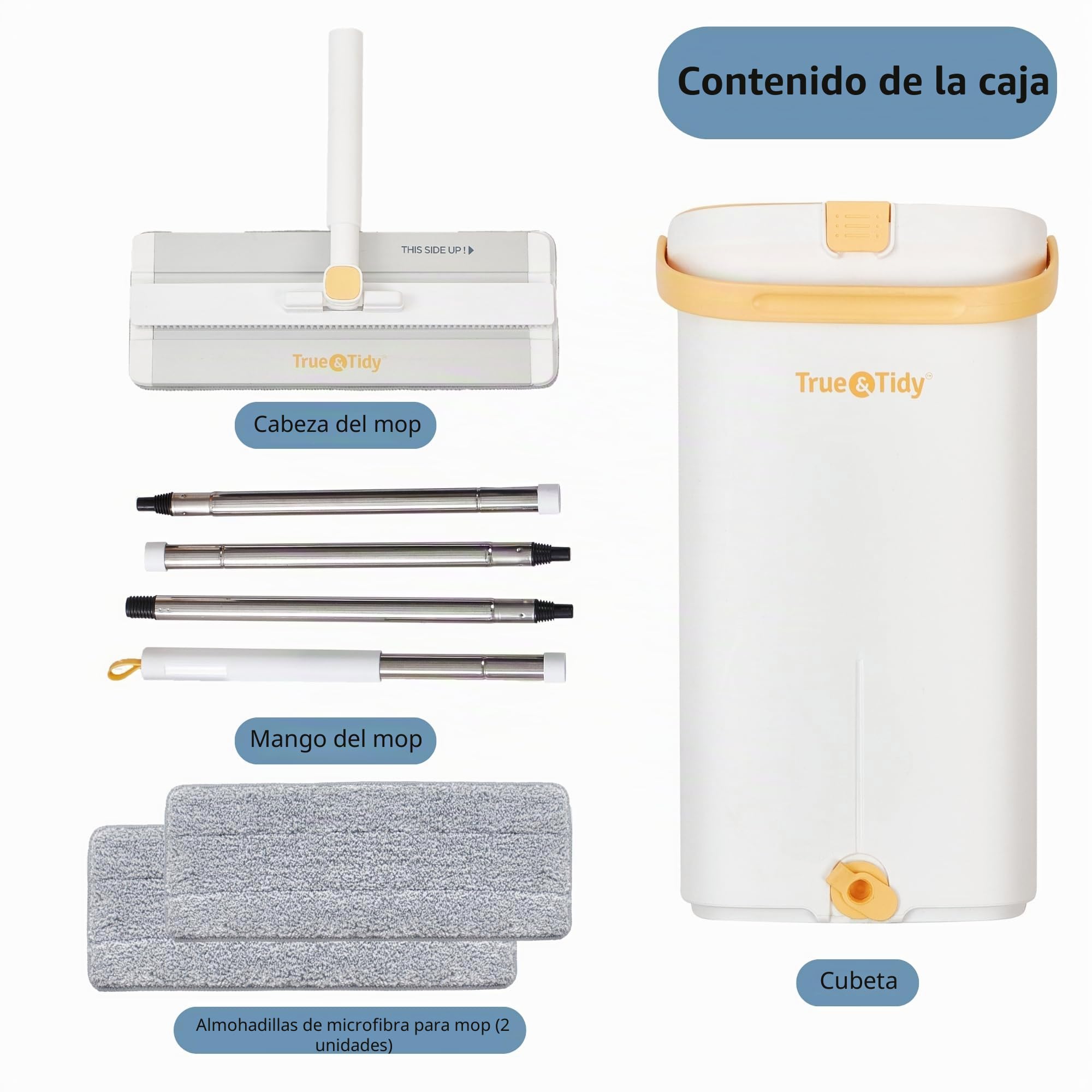 Juego de fregona y Cubo con Sistema de Bomba para el hogar, autolimpieza Manos Libres con 3 Compartimentos para Separar la Limpieza del Agua Sucia, con 2 Almohadillas de Microfibra Lavables a máquina
