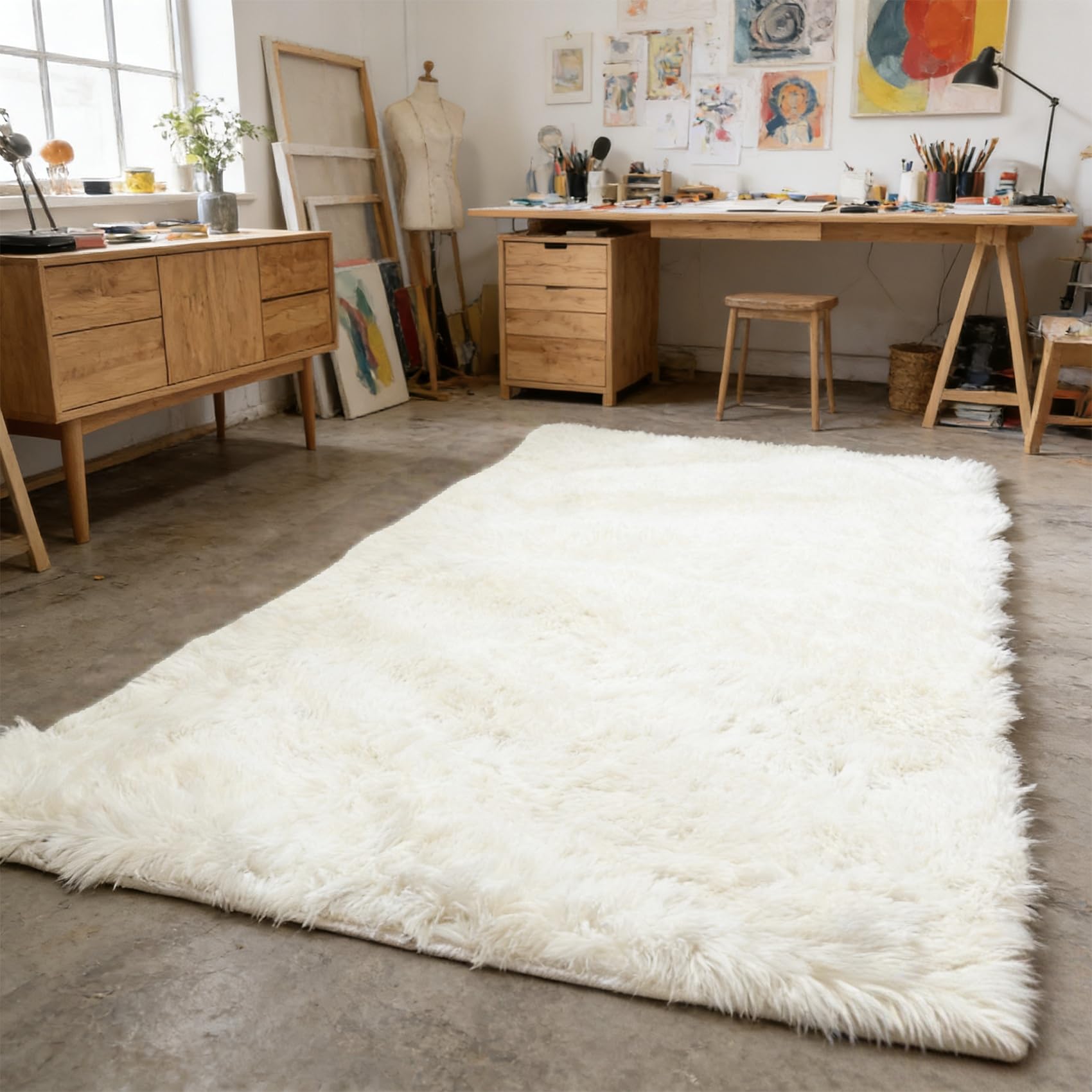 Tapis de salon moelleux 260x180 cm grand tapis blanc moderne pour chambre