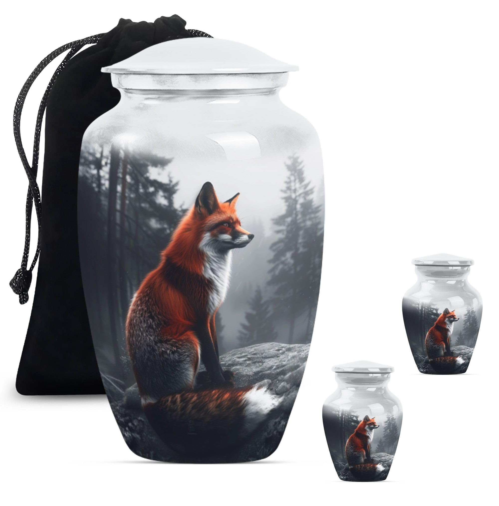 YATHABHISA Fox Majesty - Ashes Urns - Urns for Burial - Combo of 1 Large Urn with Velvet Bag and 2 Small - Urns for Ashes - Funeral Urn - Memorial Keepsakes for Ashes - Cremation Urns for Adult Ashes