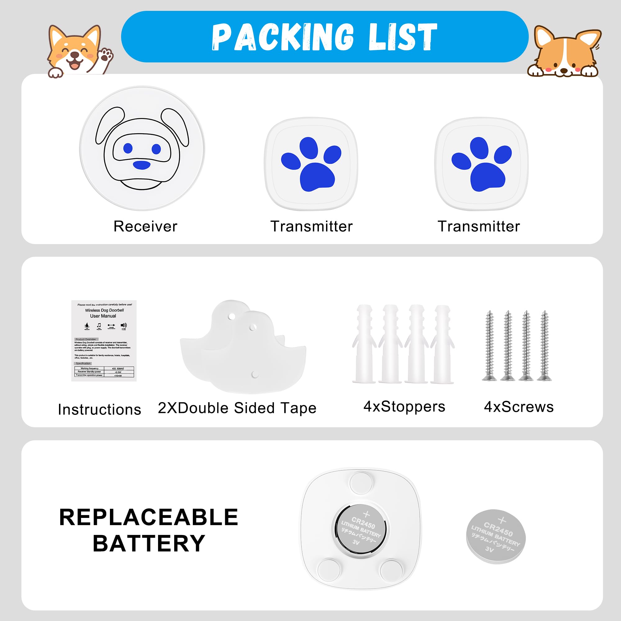 Timbre para Perros, Timbre Inalámbrico para Salir al Exterior, Botones Impermeables IP55, 55 Melodías, 4 Niveles de Volumen y Alcance de 168 m (Blanco, 2 Receptores 2 Transmisores)