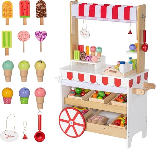 BRINJOY Carrito de helado 2 en 1 para niños, juego de tienda de comestibles de madera con 15 accesorios de juego y estantes de exhibición, juguete