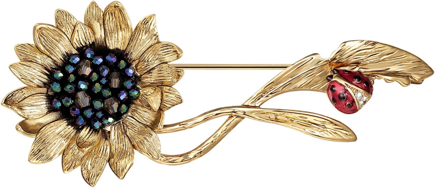 Sunflower Brooch pin with hand beading, She's Free Style Just For You Flower Oil Dropping Brooches for women, Metal Plating Process Safety pins with Nail Bead Crystal