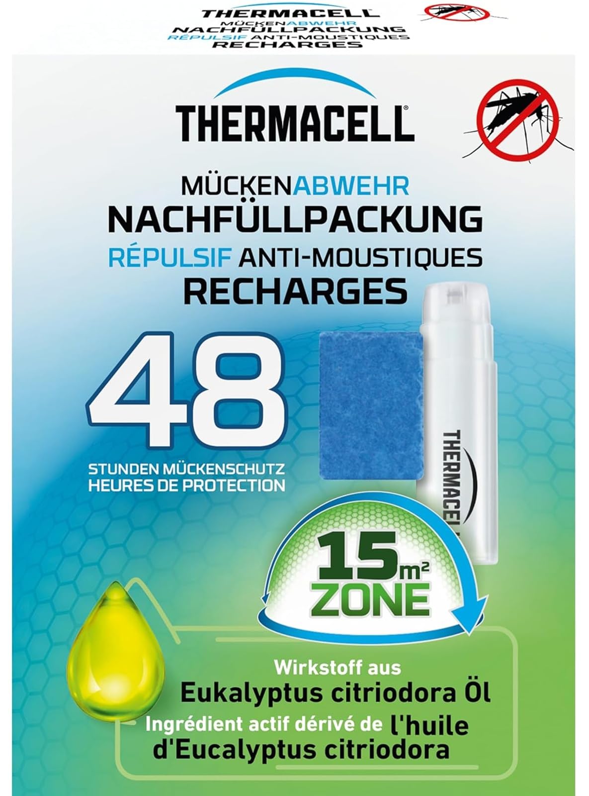 THERMACELL Recharge Anti Moustiques et Moustiques Tigres - 15m² - 48h | Compatible Diffuseurs, Nomades et Lanternes - 4 Cartouches Gaz + 12 Plaquettes - THNATRECHARGE48