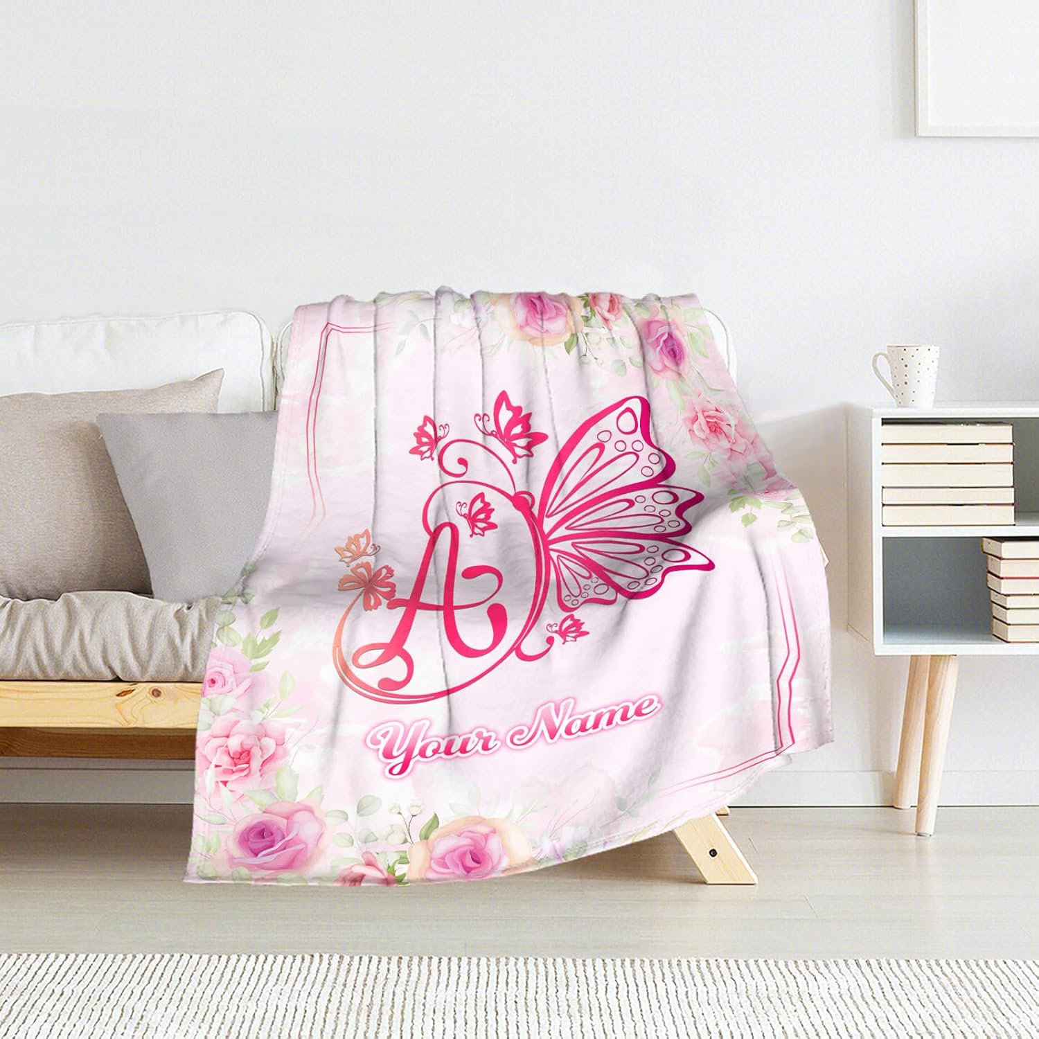 Custom Butterfly Blanket Gift for Adults - 60"x80" Inches Butterfly Throw Blanket for Women, Girls - Pink Cozy Fuzzy Throws for Sofa, Bed & Living Room