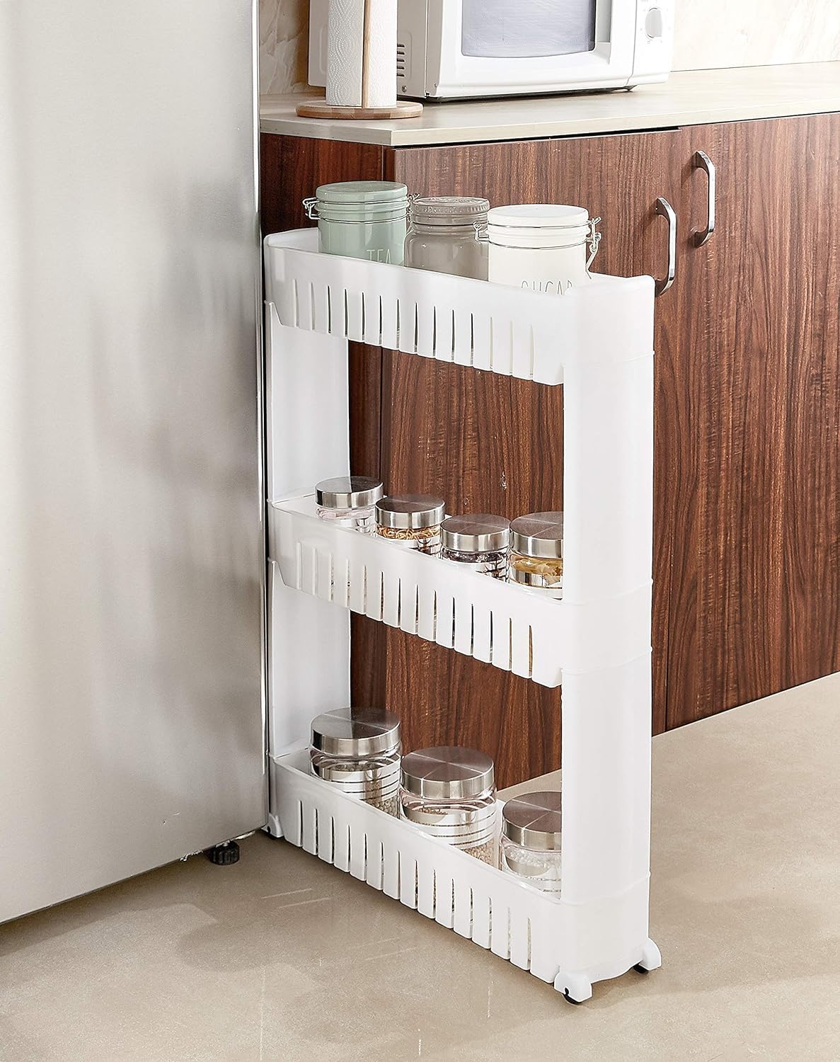 Slim Rolling Storage Rack – 3-Tiered Shelf Plastic Slide-Out Organizer for Kitchen, Bathroom, Laundry, Pantry & Utility Storage White-image-24
