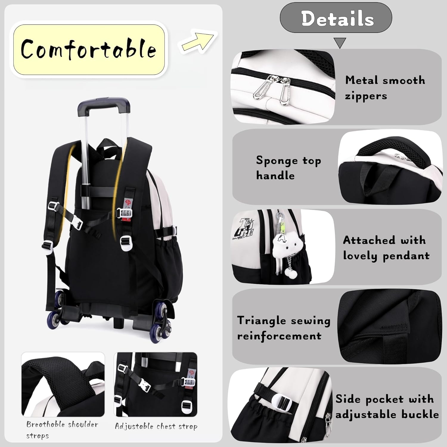 Black Rolling Backpack for Girls Boys Elementary Middle School Bags, Kids Wheeled Boys Girls Backpack with 2 Wheels, Black