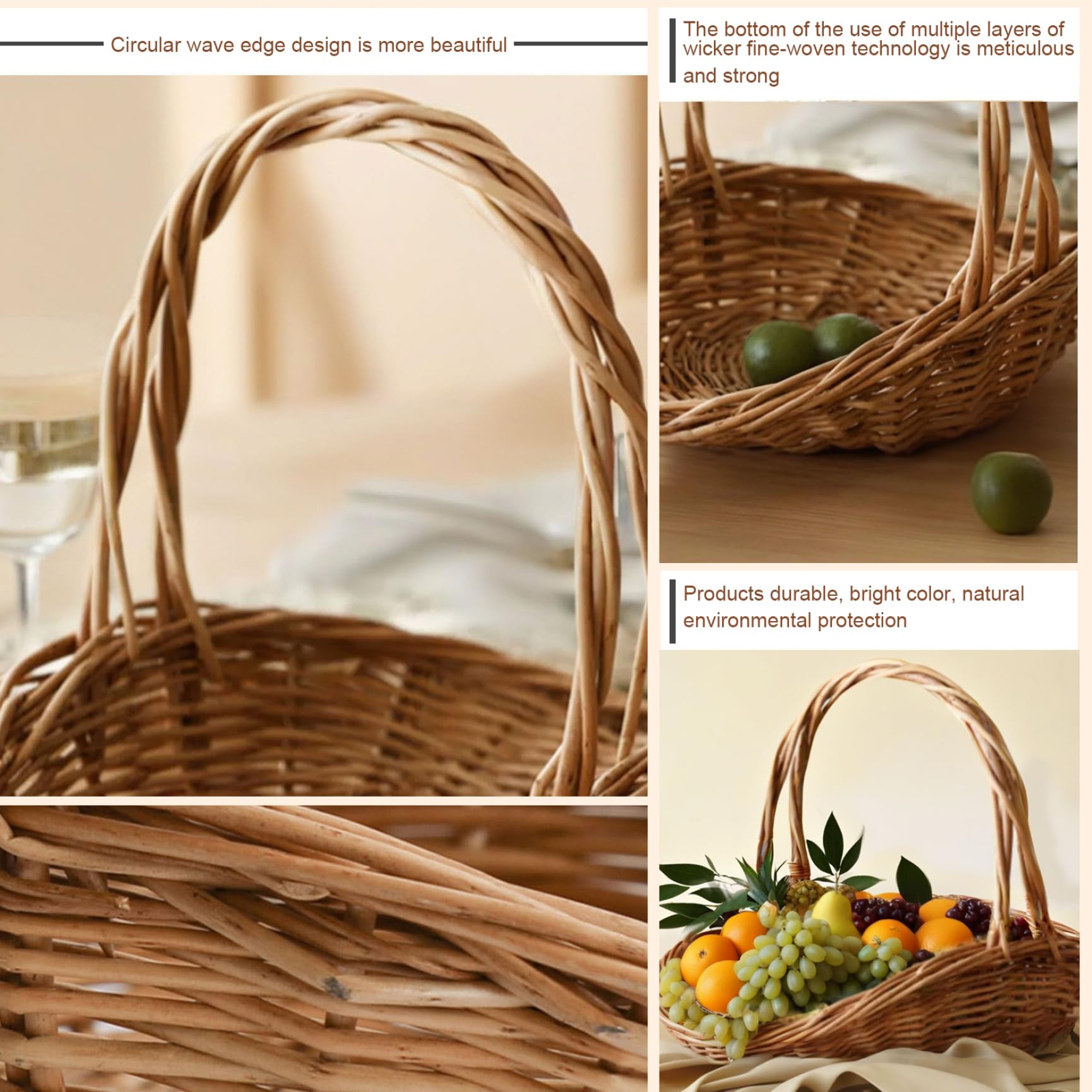 2 cestini in vimini naturale con manici, cestini per la raccolta da giardino per verdure e fiori, contenitori multiuso per picnic e decorazioni pasquali