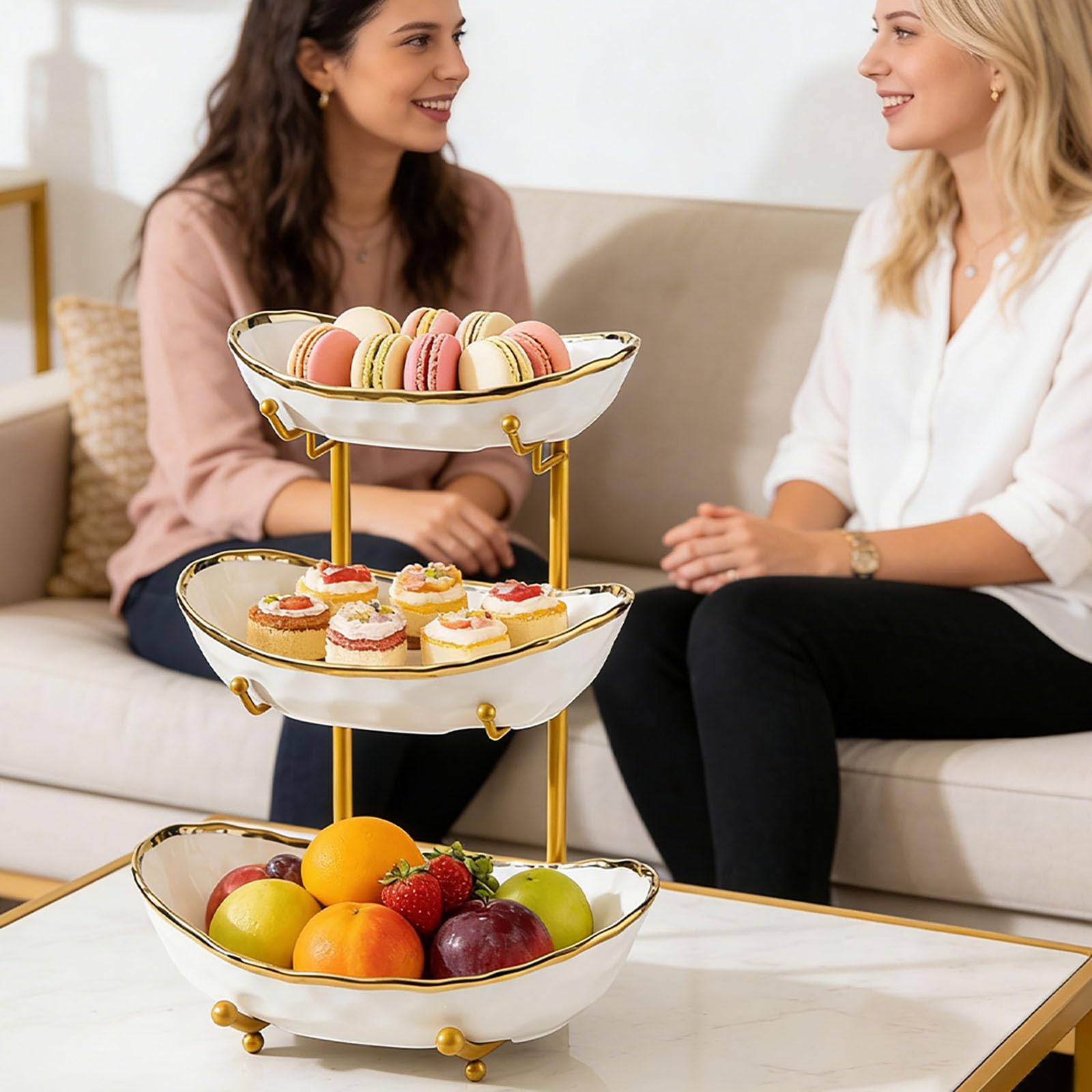 Cestino per Frutta Fruttiera 3 Ripiani in Ceramica, Portafrutta con Supporto in Metallo, Piano Cucina, Portafrutta per Frutta, Verdure, Dessert, Dolci, Bianco