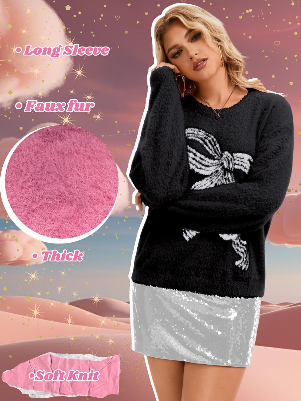 Cute Bow Sweater,Soft Fluffy Sweaters for Women,Christmas Holiday Valentines Fuzzy Top - Image 3