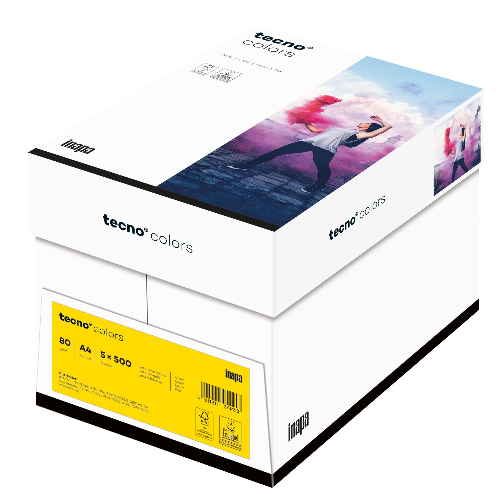 Inapa farbiges Druckerpapier, buntes Papier tecno Colors: 80 g/m², A4, 2.500 Blatt (5x500), intensivgelb