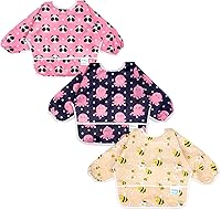 Vista 8 de Juego de baberos de manga larga de 3 piezas, baberos impermeables para bebés con bolsillo, babero para niños pequeños con mangas, bata resistente a