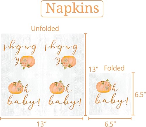 Miniatura 9 de Servilletas de calabaza naranja de 6.5 x 6.5 pulgadas para otoño, cumpleaños, baby shower, ideas de vajilla con texto en inglés "What Will Little