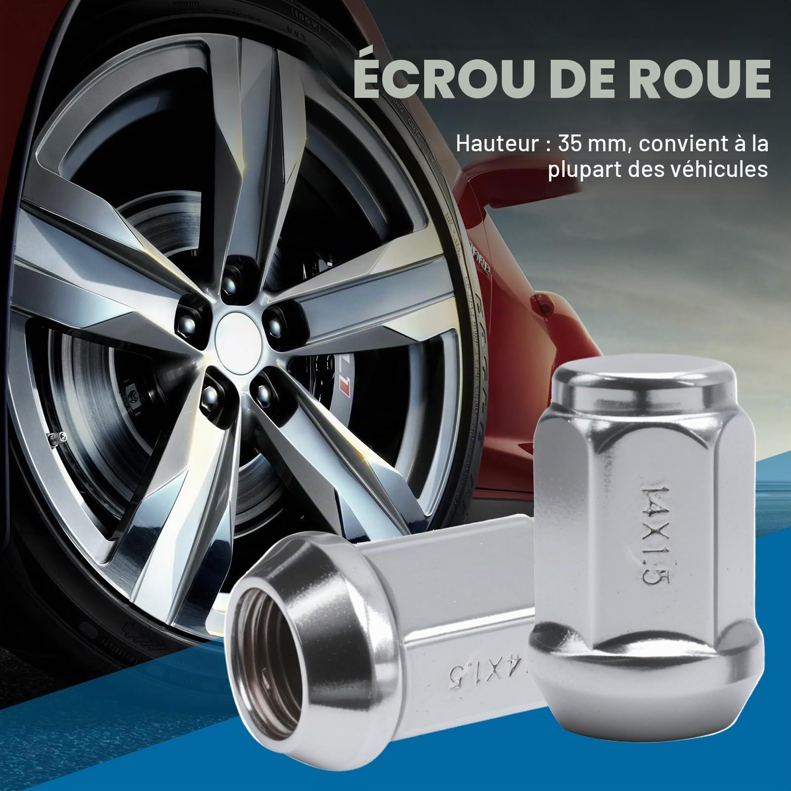 Lot de 20 écrous de roue Hauteur 35 mm M14 x 1,5 Cône en acier inoxydable pour Chrysler 300C, Ford S Max, Galaxy