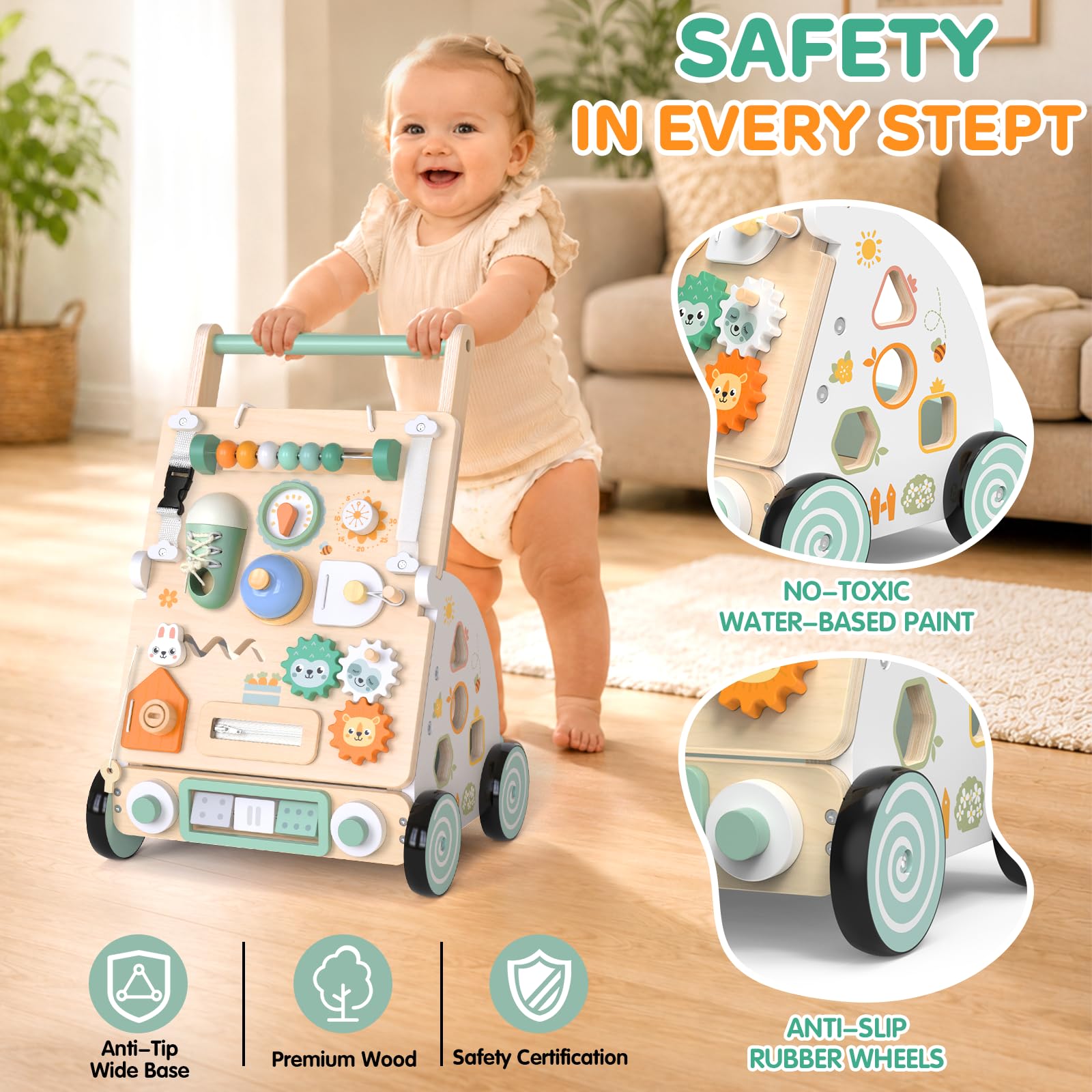 Andador Madera Bebé 2 en 1, Montessori Tablero Sensorial Desmontable