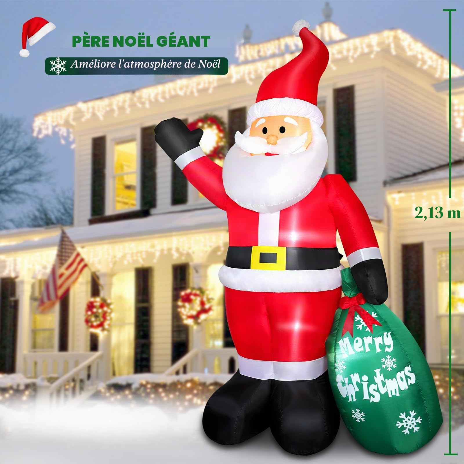 Omdekor 210CM Gonflable de Noël Décorations d'extérieur avec éclairage LED, Décoration Père avec Sac Vert, 7FT Décoration de Noël Gonflable Lumières LED Intégrées pour Jardin/Cour