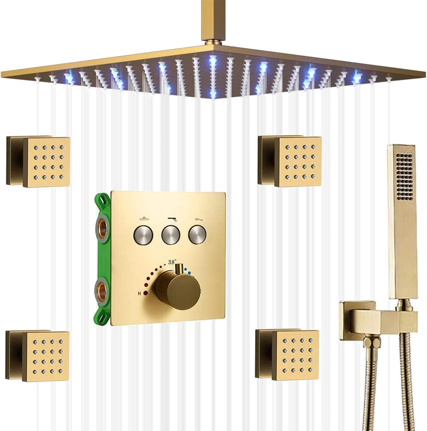 AYIVG Brushed Gold Rainfall Shower System 12 Inch LED Rain Shower Head System with 4 PCS Body Jets Thermostatic Shower Faucet Fixture Set Shower Jets System Can Run At a Time