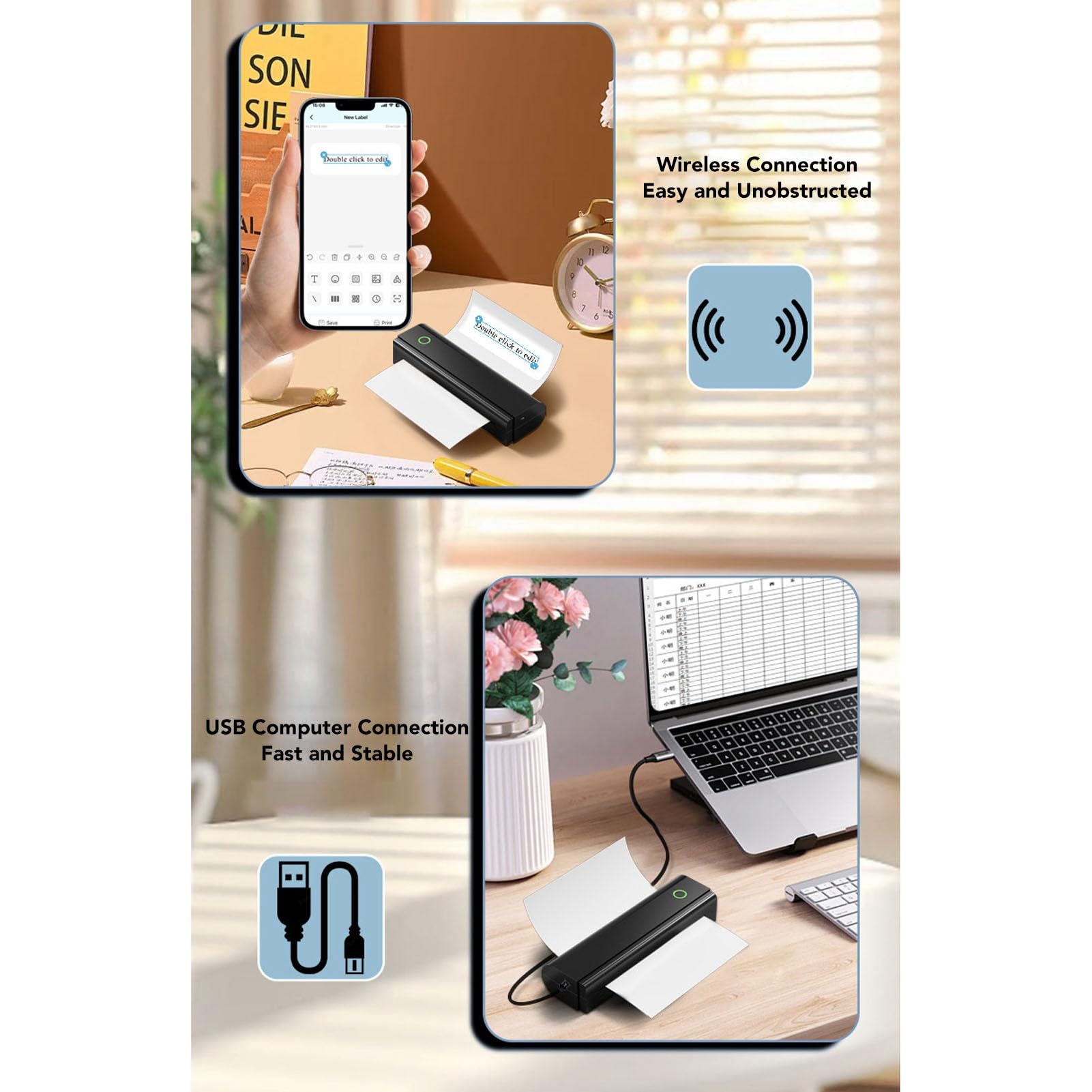 Fabater Impresoras portátiles inalámbricas para viajes, impresora sin tinta para teléfono y portátil, impresora térmica Bluetooth pequeña y compacta para uso doméstico, escuela